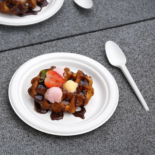 50 Pack White Biodegradable Bagasse 7 inch Disposable Side Plates - Decodine