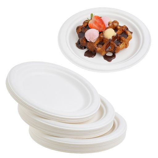 50 Pack White Biodegradable Bagasse 7 inch Disposable Side Plates - Decodine