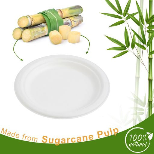 50 Pack White Biodegradable Bagasse 7 inch Disposable Side Plates - Decodine