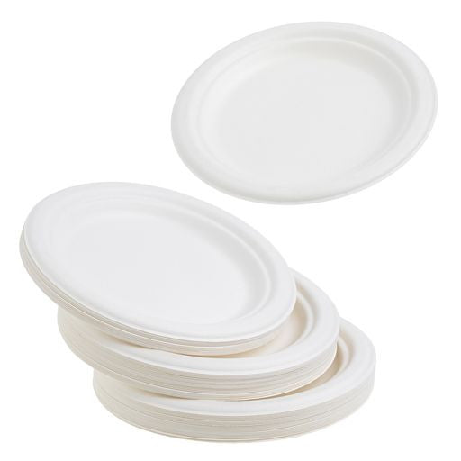 50 Pack White Biodegradable Bagasse 7 inch Disposable Side Plates - Decodine