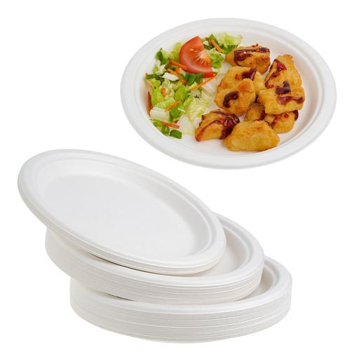 50 Pack White Biodegradable Bagasse 9 inch Disposable Dinner Plates - Decodine