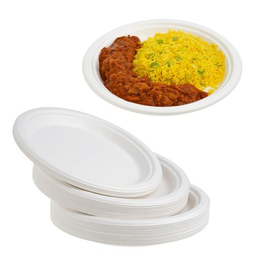 50 Pack White Biodegradable Bagasse 9 inch Disposable Dinner Plates - Decodine