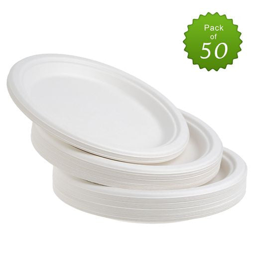 50 Pack White Biodegradable Bagasse 9 inch Disposable Dinner Plates - Decodine