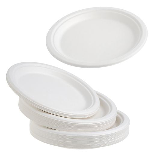 50 Pack White Biodegradable Bagasse 9 inch Disposable Dinner Plates - Decodine
