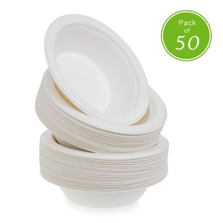 50 Pcs 12oz White Biodegradable Bagasse Soup/Salad/Dessert Bowl - Decodine