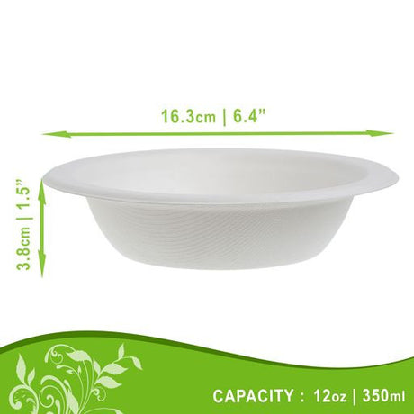 50 Pcs 12oz White Biodegradable Bagasse Soup/Salad/Dessert Bowl - Decodine