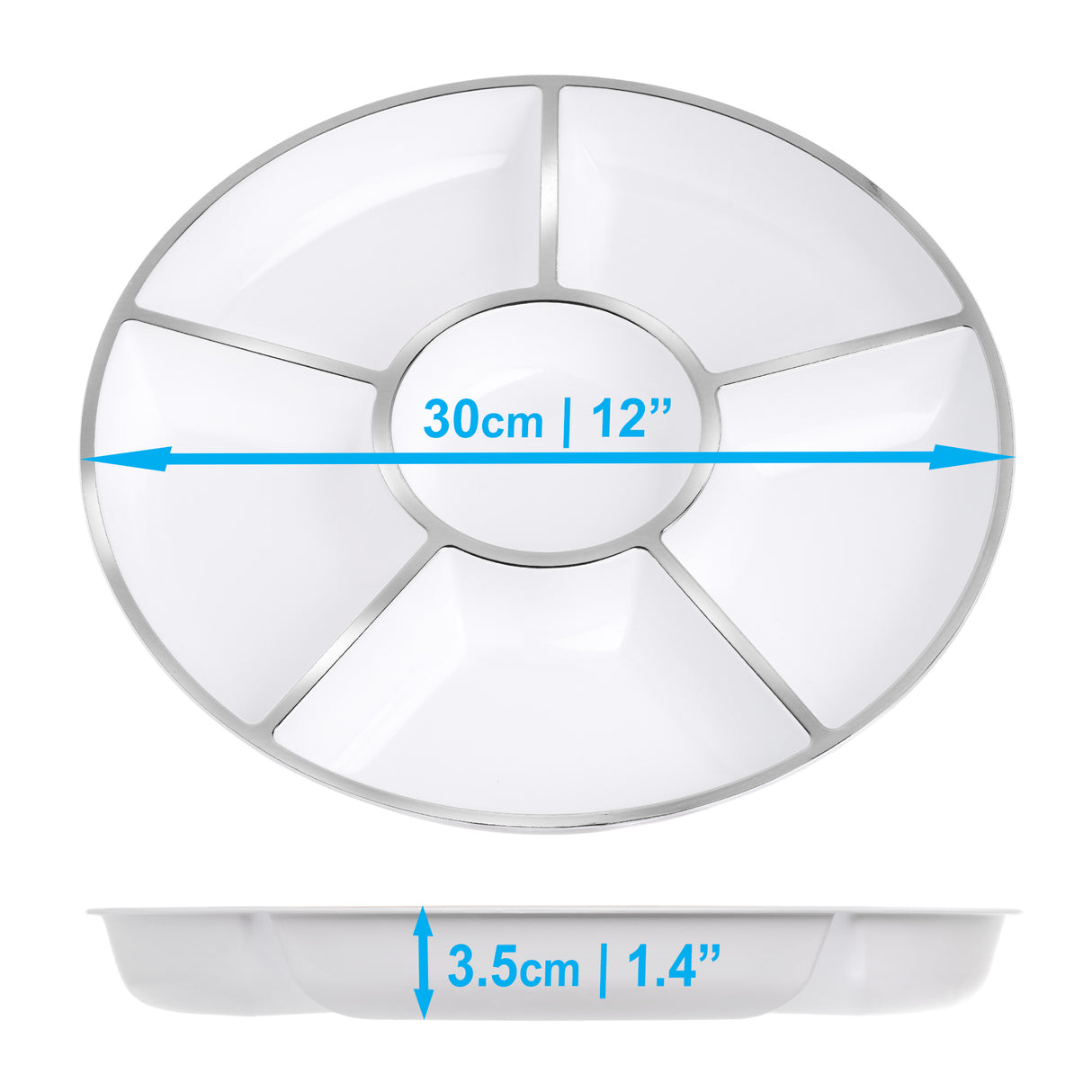 4 Pack 12" Compartment Sectional Serving Tray Platters White with Silver Rim - Decodine