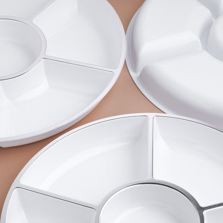 4 Pack 12" Compartment Sectional Serving Tray Platters White with Silver Rim - Decodine