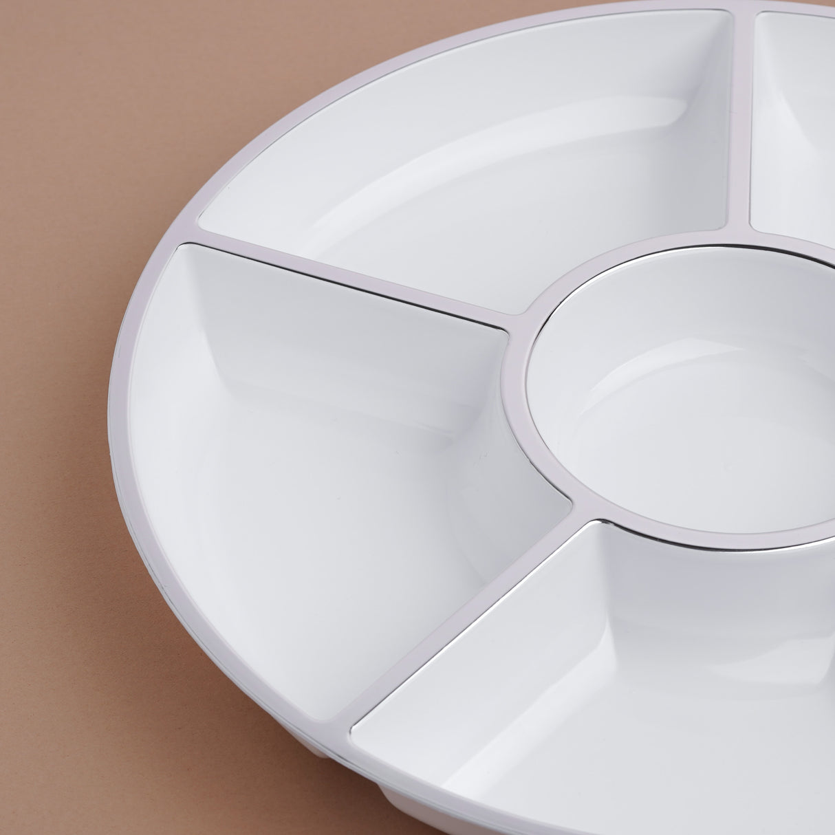 4 Pack 12" Compartment Sectional Serving Tray Platters White with Silver Rim - Decodine