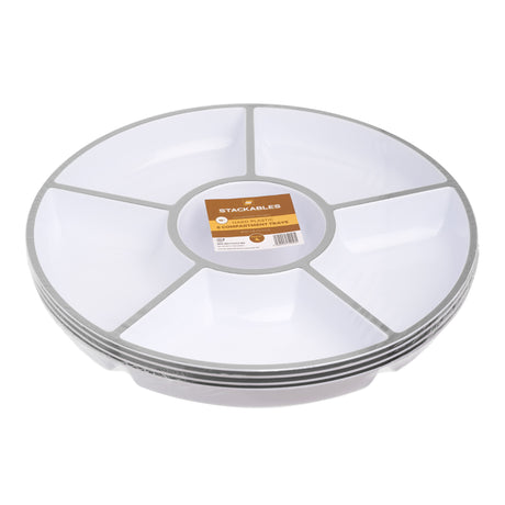 4 Pack 12" Compartment Sectional Serving Tray Platters White with Silver Rim - Decodine