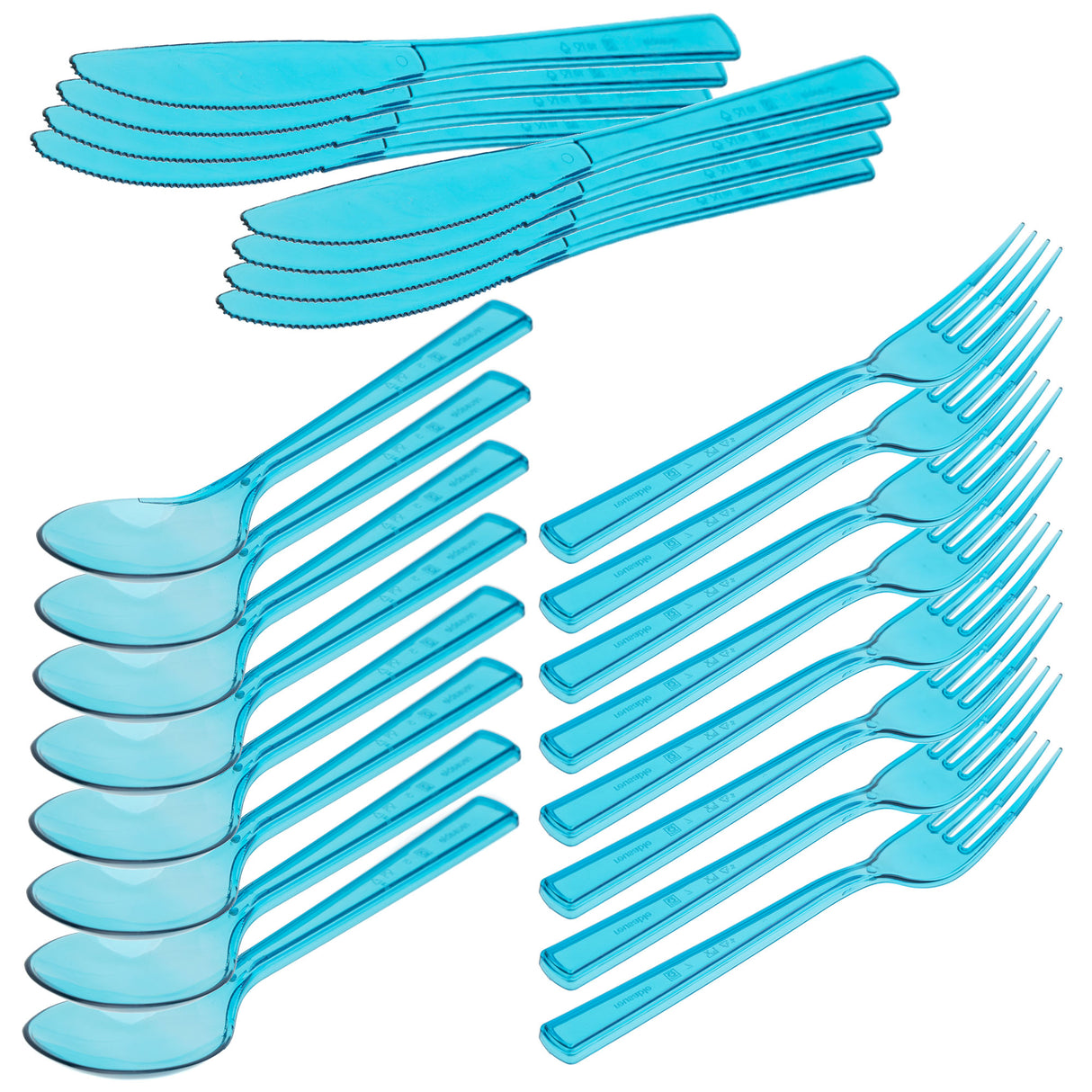 24 Combo Pack of Reusable Blue Plastic Spoons/Forks/Knives (8 of Each) - Dishwasher and Microwave Safe - Decodine