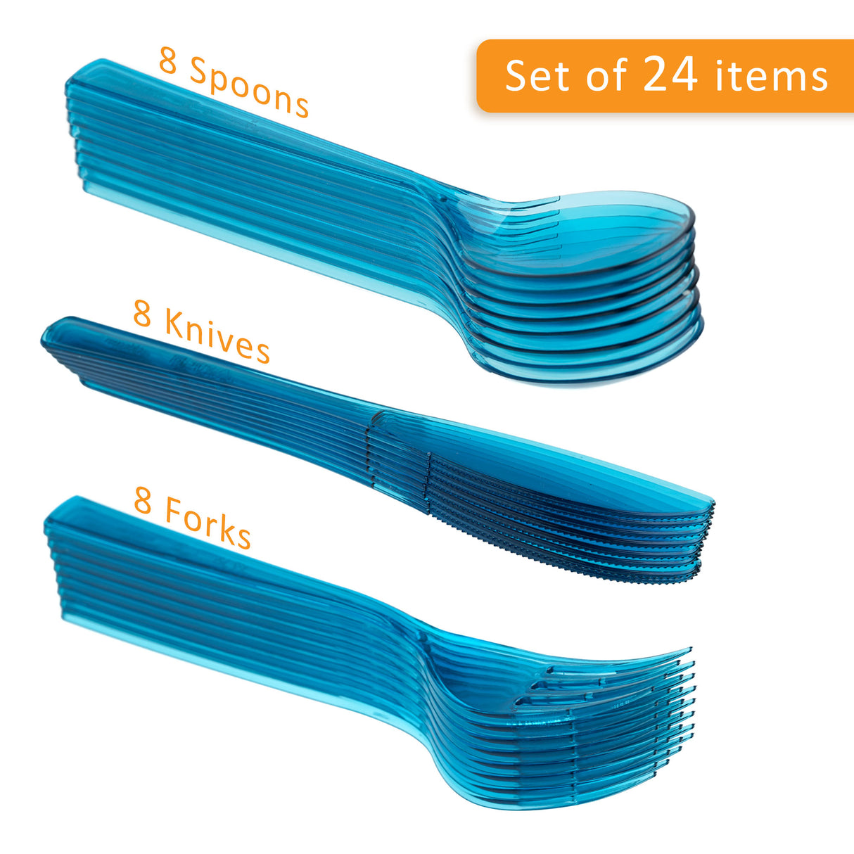 24 Combo Pack of Reusable Blue Plastic Spoons/Forks/Knives (8 of Each) - Dishwasher and Microwave Safe - Decodine