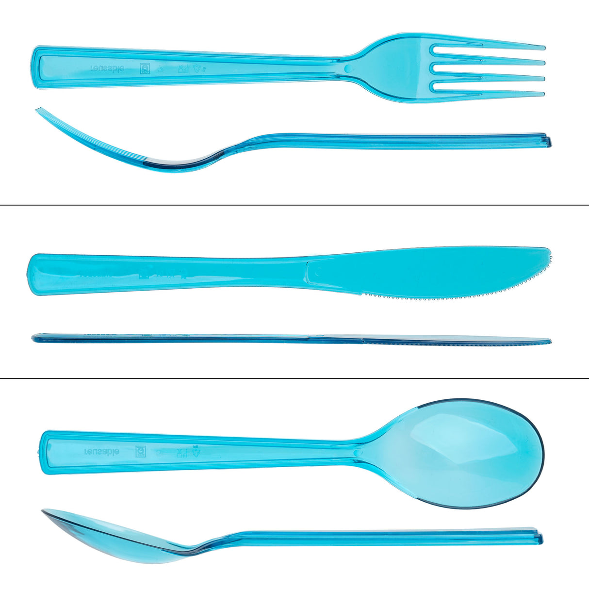 24 Combo Pack of Reusable Blue Plastic Spoons/Forks/Knives (8 of Each) - Dishwasher and Microwave Safe - Decodine