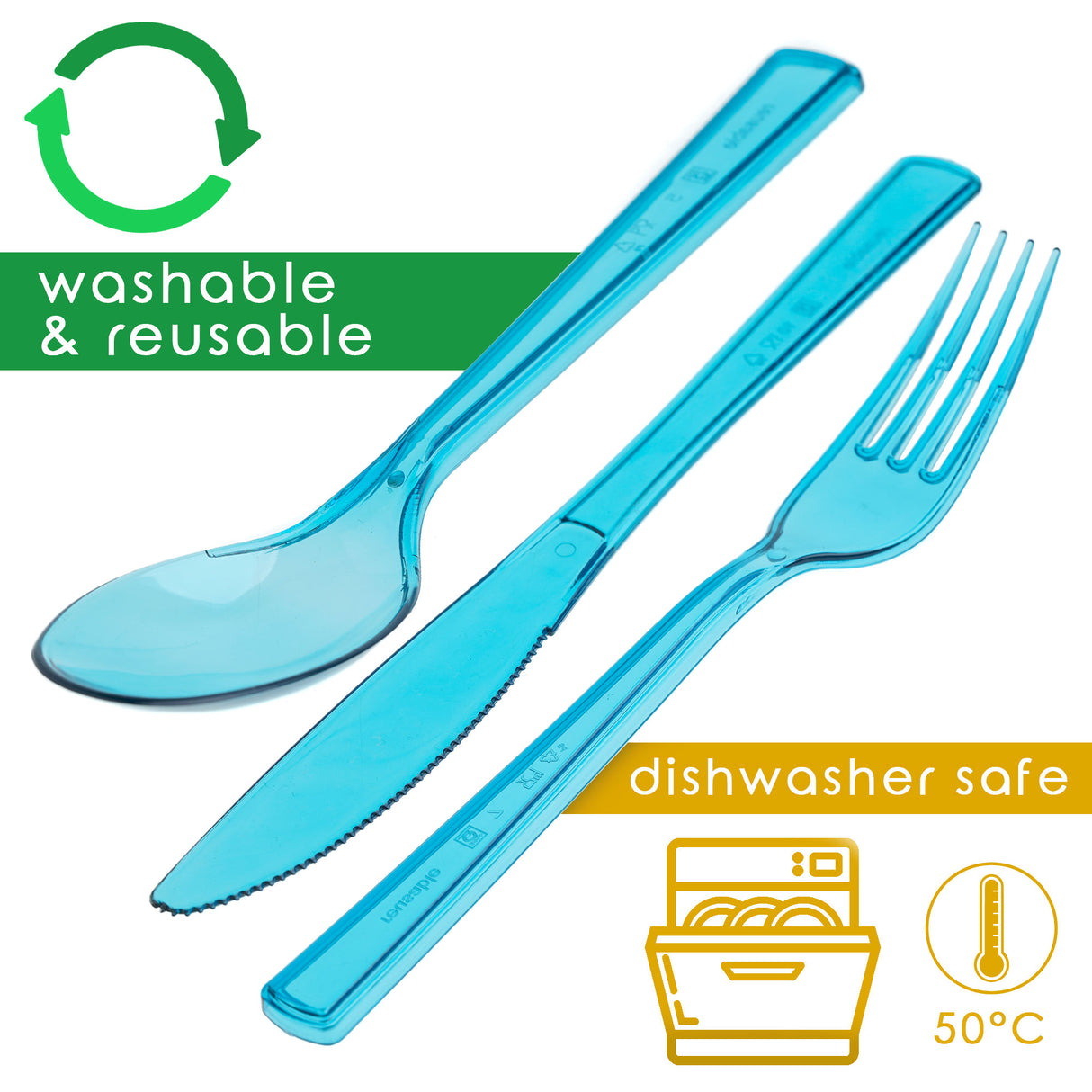 24 Combo Pack of Reusable Blue Plastic Spoons/Forks/Knives (8 of Each) - Dishwasher and Microwave Safe - Decodine