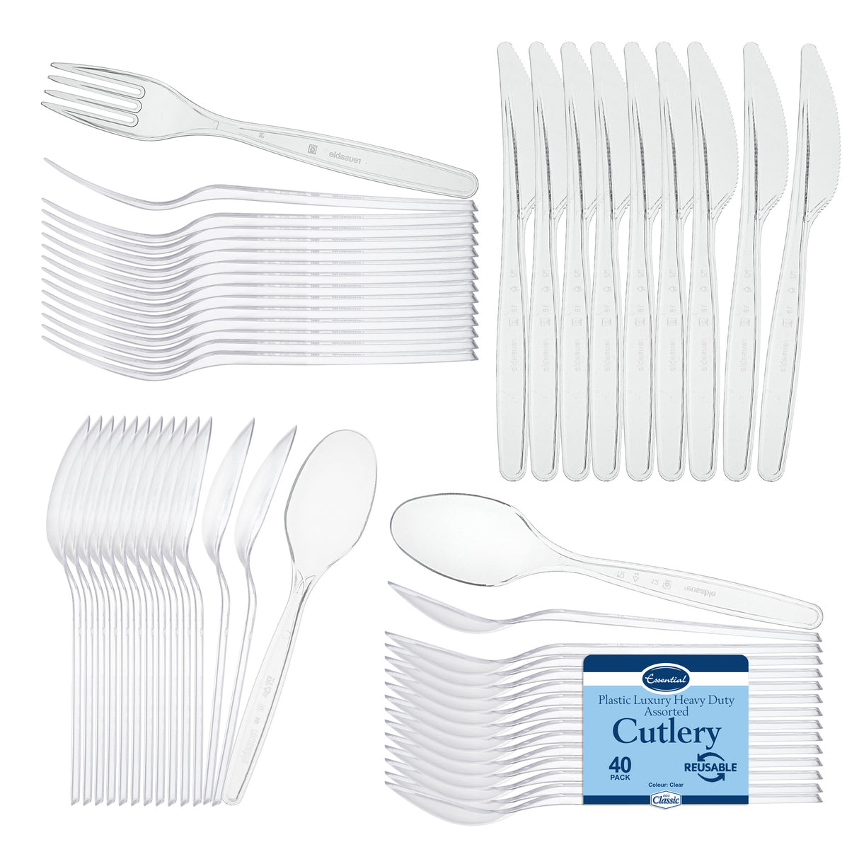 40 Combo Pack of Reusable Clear Plastic Spoons/Forks/Knives/Teaspoons (10 of Each) - Dishwasher and Microwave Safe - Decodine