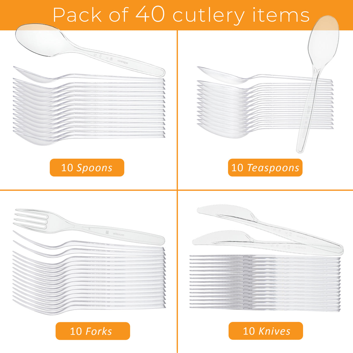 40 Combo Pack of Reusable Clear Plastic Spoons/Forks/Knives/Teaspoons (10 of Each) - Dishwasher and Microwave Safe - Decodine