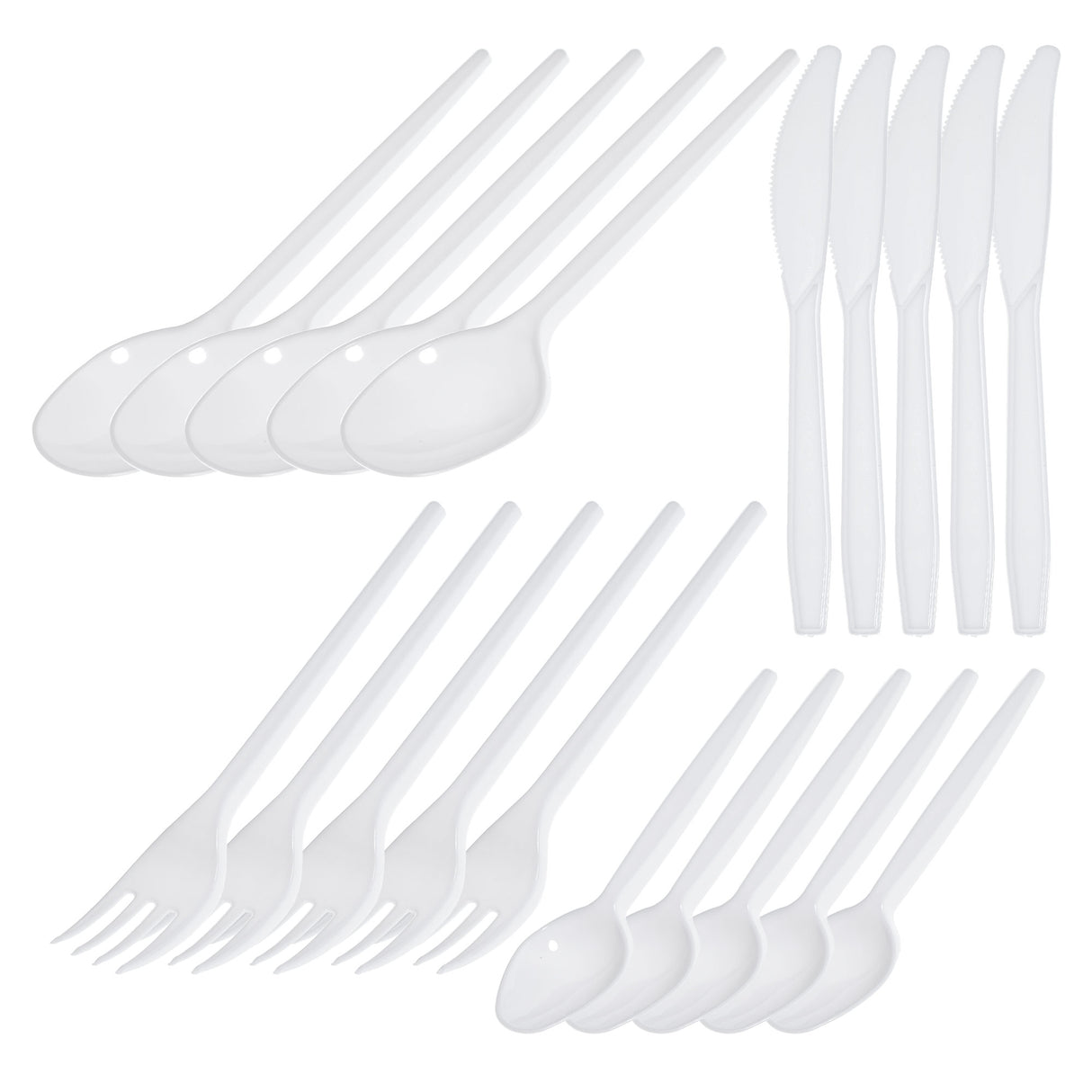 80 Combo Pack of Reusable White Plastic Spoons/Forks/Knives/Teaspoons (20 of Each) - Dishwasher and Microwave Safe - Decodine