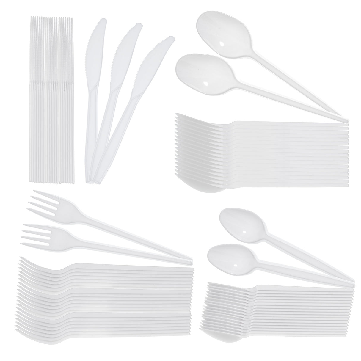 80 Combo Pack of Reusable White Plastic Spoons/Forks/Knives/Teaspoons (20 of Each) - Dishwasher and Microwave Safe - Decodine