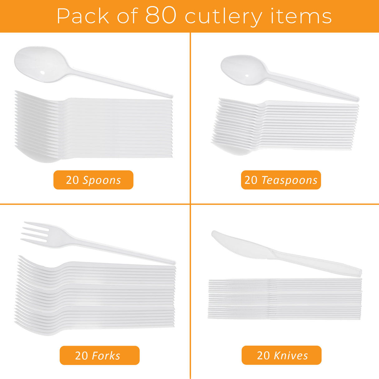 80 Combo Pack of Reusable White Plastic Spoons/Forks/Knives/Teaspoons (20 of Each) - Dishwasher and Microwave Safe - Decodine