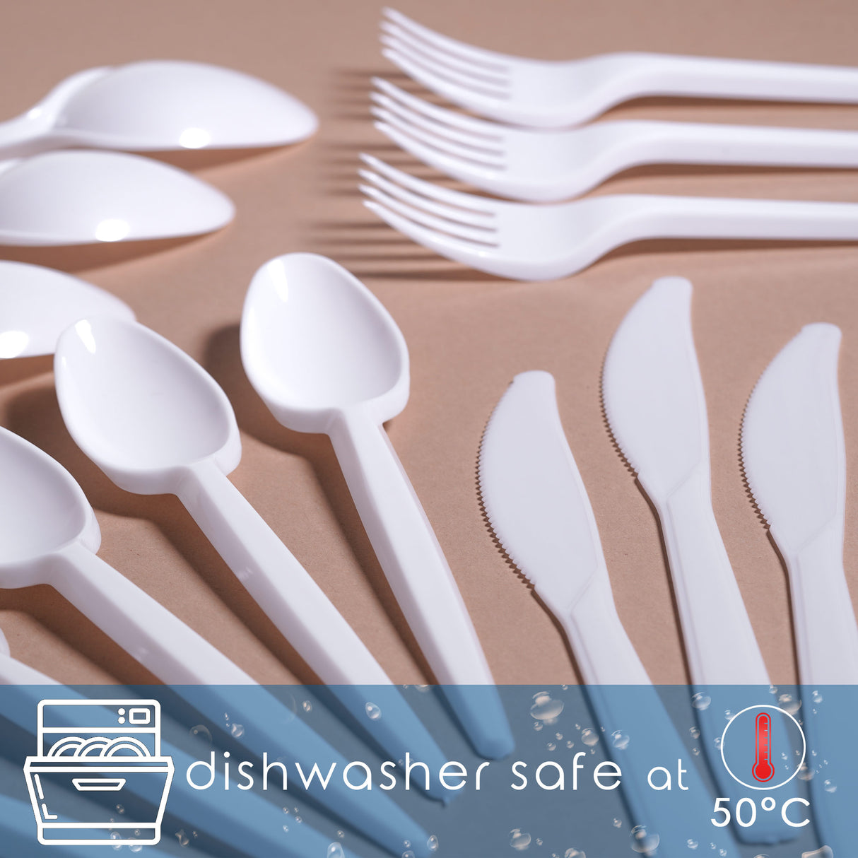 80 Combo Pack of Reusable White Plastic Spoons/Forks/Knives/Teaspoons (20 of Each) - Dishwasher and Microwave Safe - Decodine