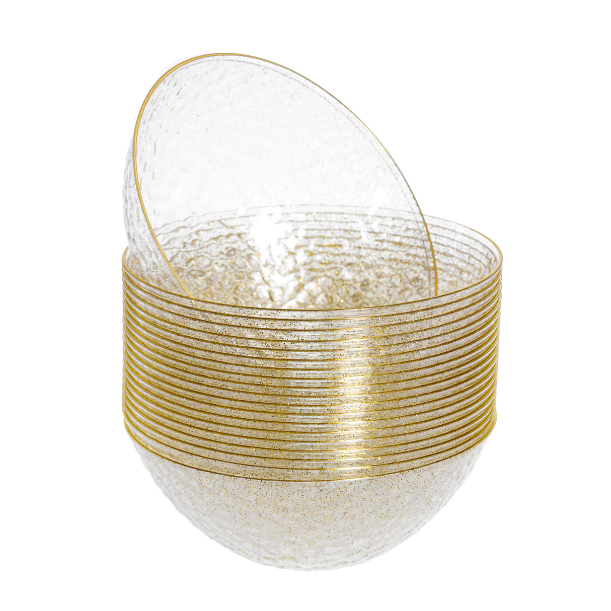 20 Pack 16oz Glittered Gold Plastic Bowls with Hammered Design and Gold Rim - Decodine