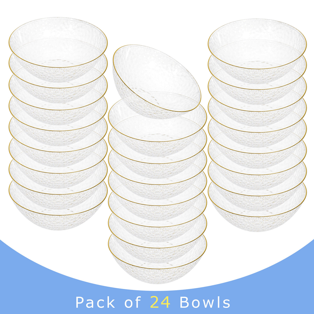 20 Pack 16oz Glittered Gold Plastic Bowls with Hammered Design and Gold Rim - Decodine