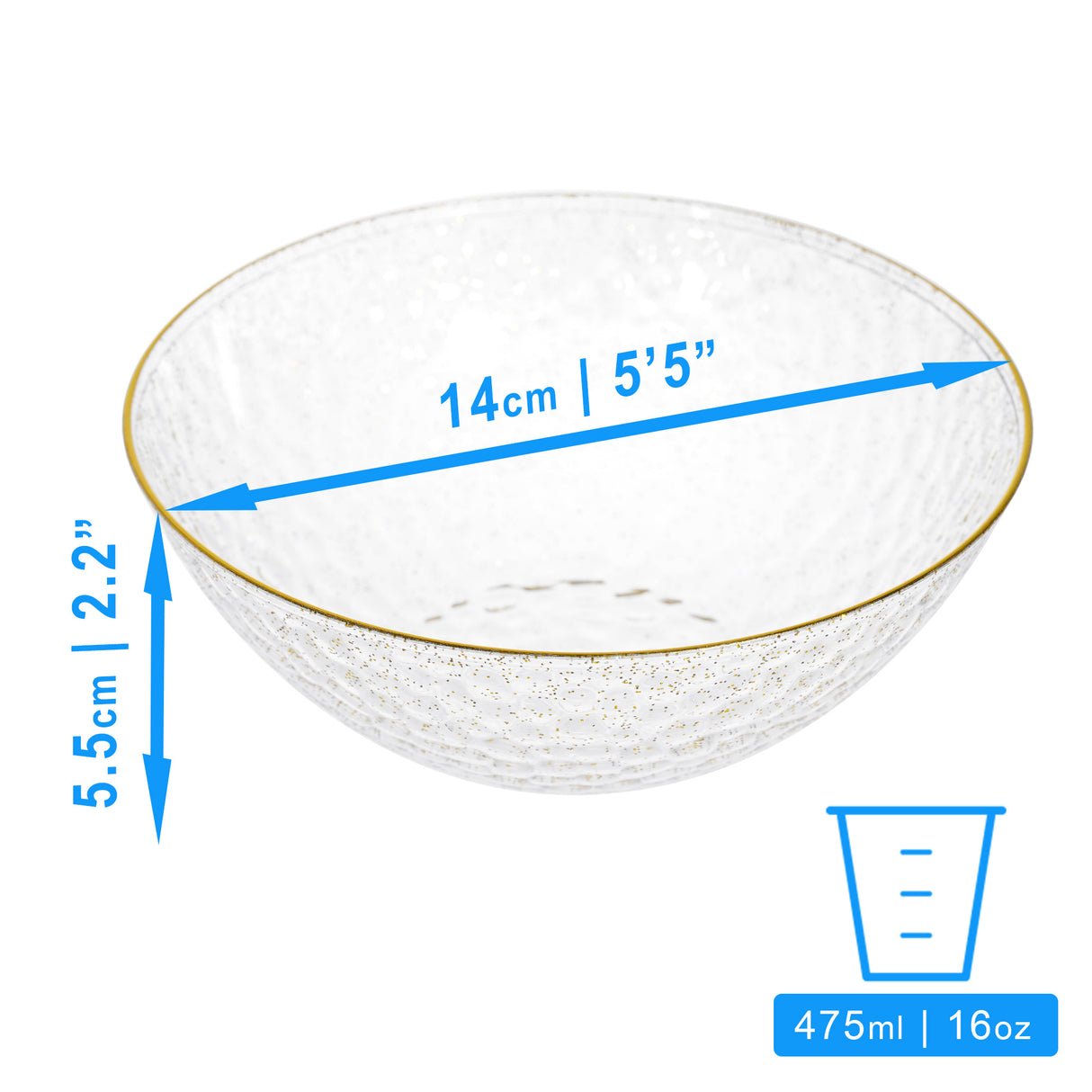 20 Pack 16oz Glittered Gold Plastic Bowls with Hammered Design and Gold Rim - Decodine