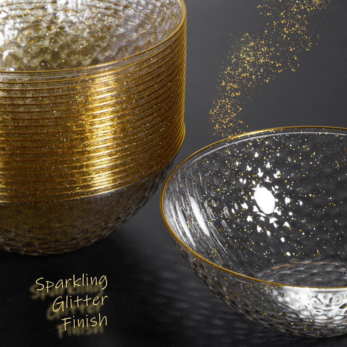 20 Pack 16oz Glittered Gold Plastic Bowls with Hammered Design and Gold Rim - Decodine