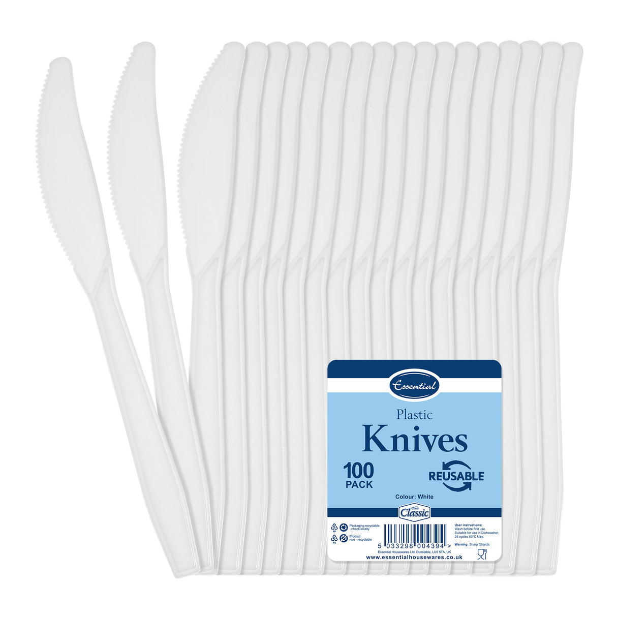 100 Pack Reusable White Plastic Knives - Dishwasher and Microwave Safe - Decodine