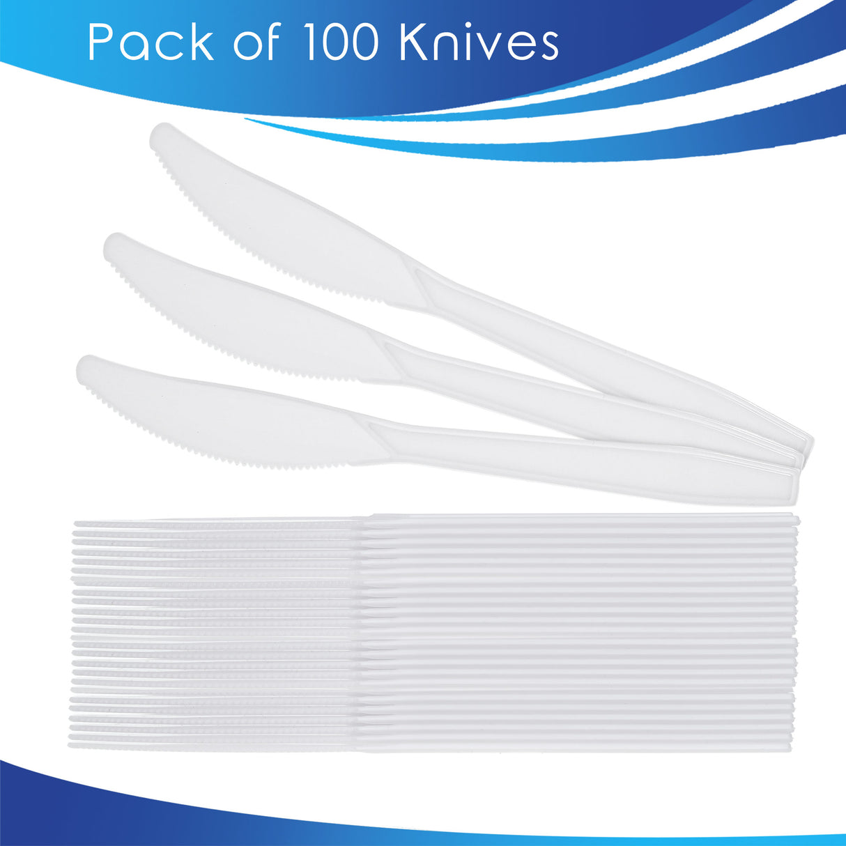 100 Pack Reusable White Plastic Knives - Dishwasher and Microwave Safe - Decodine