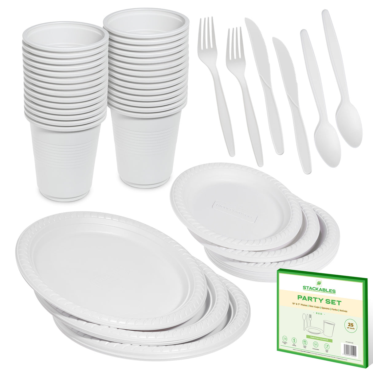 Eco-Friendly 150 Pc White Party Set Serves 25 People - 7-Inch Plates, 10-Inch Plates, 12oz Cups, Spoons, Forks, Knives - Made of Cornstarch - Decodine