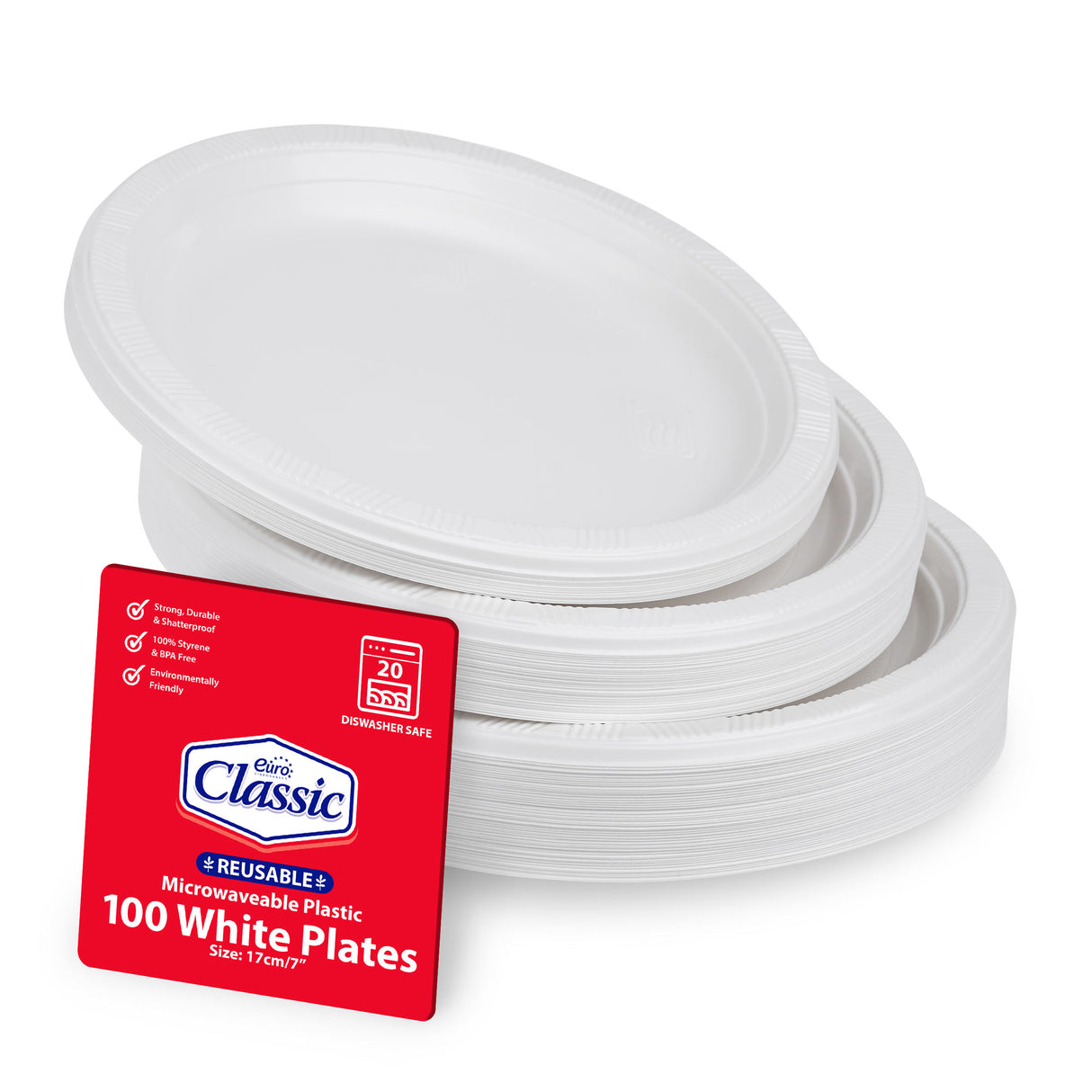 100 Pack White Lightweight Plastic Plates 7" - Decodine