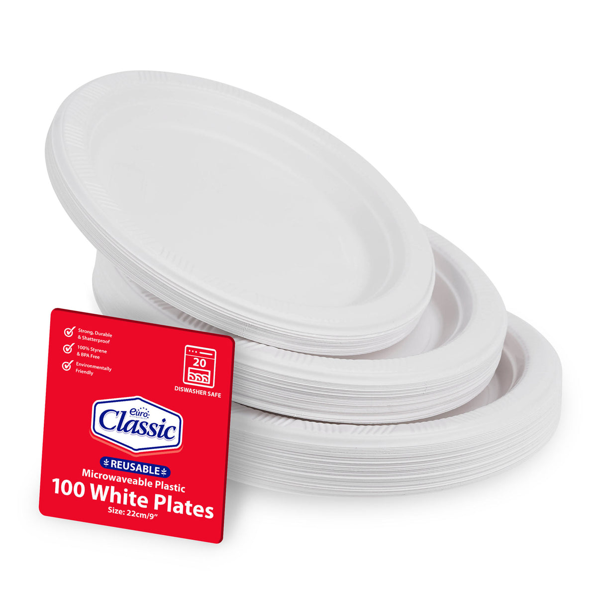 100 Pack White Lightweight Plastic Plates 9" - Decodine