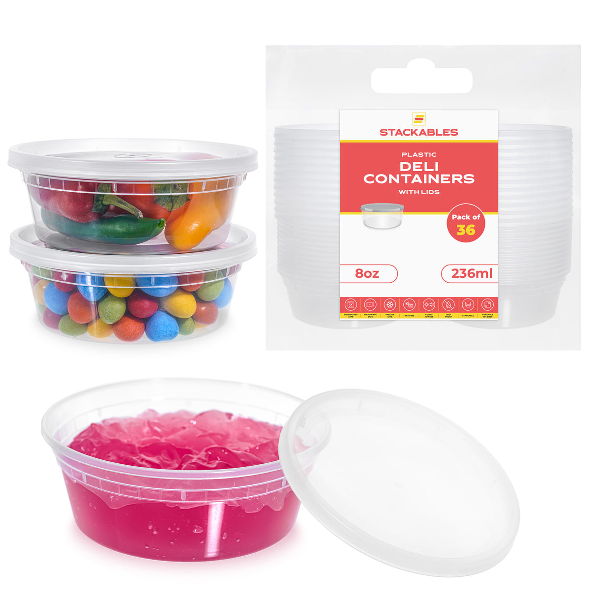 36-Pack 8 oz Clear Round Plastic Containers Deli Tubs- Ideal for Soup & Food Storage - Decodine