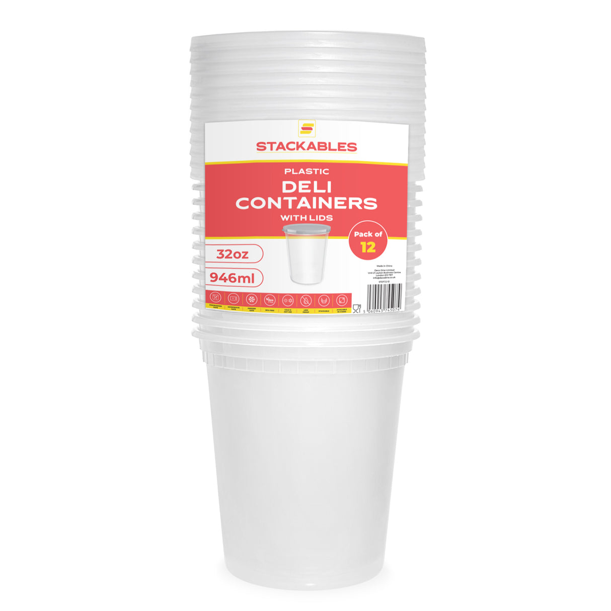 12-Pack 32 oz Clear Round Plastic Containers Deli Tubs- Ideal for Soup & Food Storage - Decodine