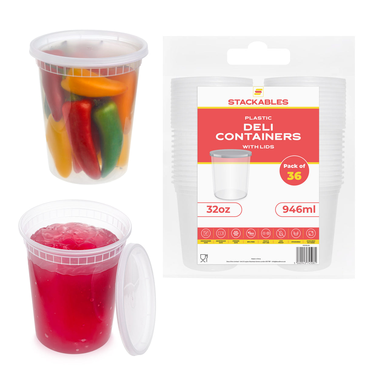 36-Pack 32 oz Clear Round Plastic Containers Deli Tubs - Ideal for Soup & Food Storage