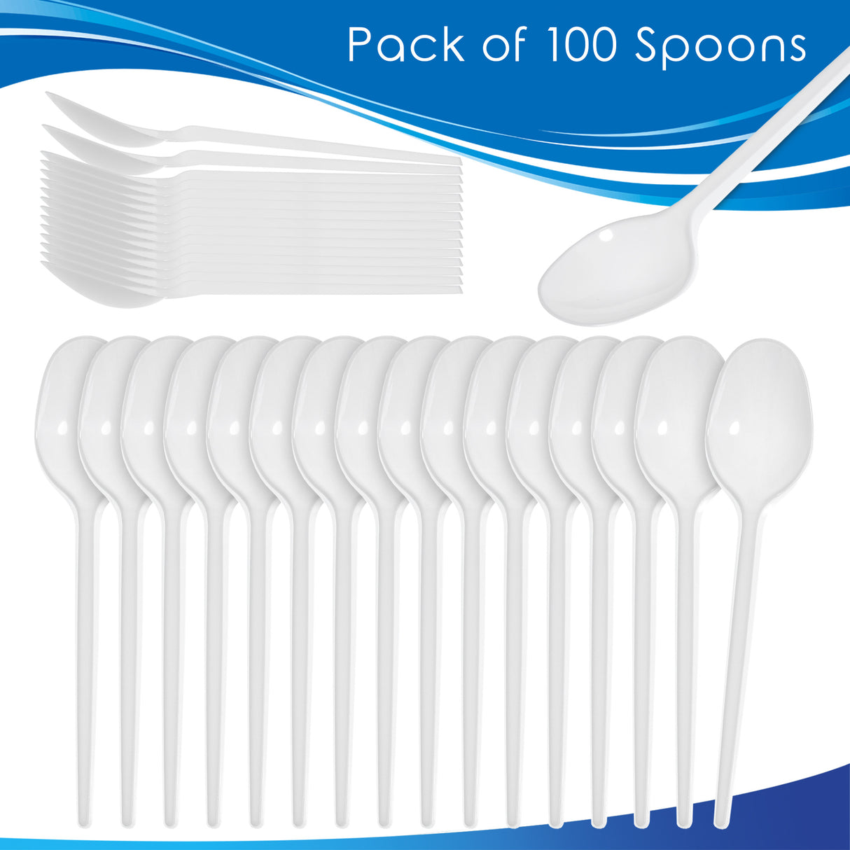 100 Pack Reusable White Plastic Spoons - Dishwasher and Microwave Safe - Decodine
