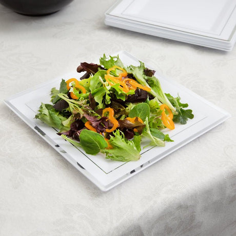10 Pack 10" Square Plastic Dinner Plates - White Silver Rim - Decodine