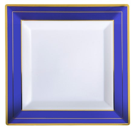 10 Pack 10" Square Plastic Dinner Plates - White with Blue and Gold Rim - Decodine
