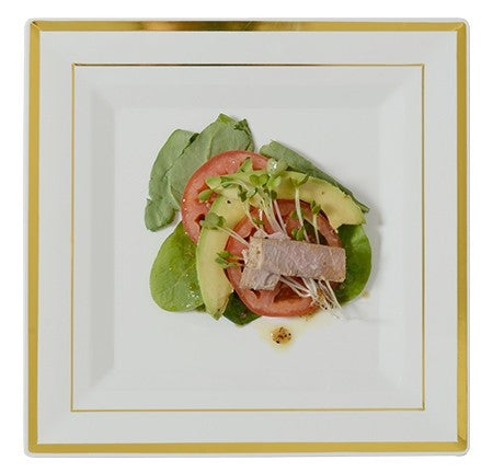 10 Pack 10" Square Plastic Salad Plates - Ivory with Gold Rim - Decodine