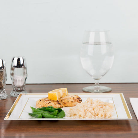 10 Pack 10" Square Plastic Salad Plates - Ivory with Gold Rim - Decodine