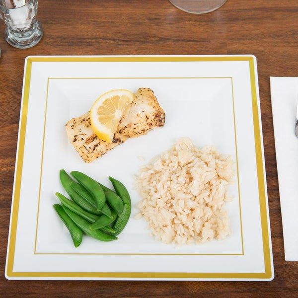 10 Pack 10" Square Plastic Salad Plates - Ivory with Gold Rim - Decodine