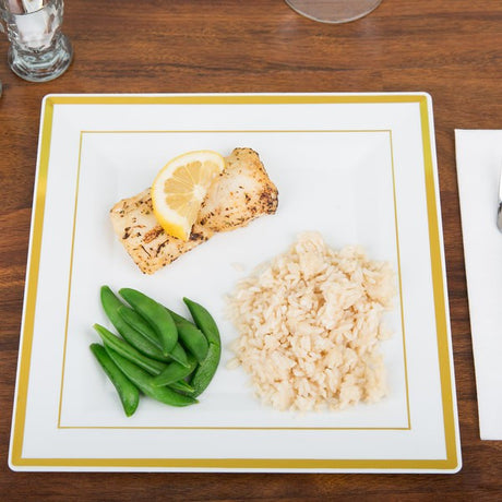 10 Pack 10" Square Plastic Salad Plates - Ivory with Gold Rim - Decodine