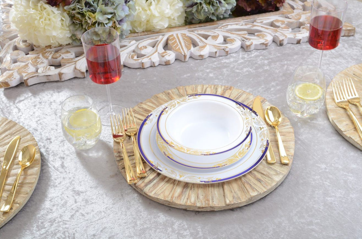 10 Pack 10.25" China-Look Round Hard Plastic Dinner Plates - White/Gold/Cobalt Blue - Decodine