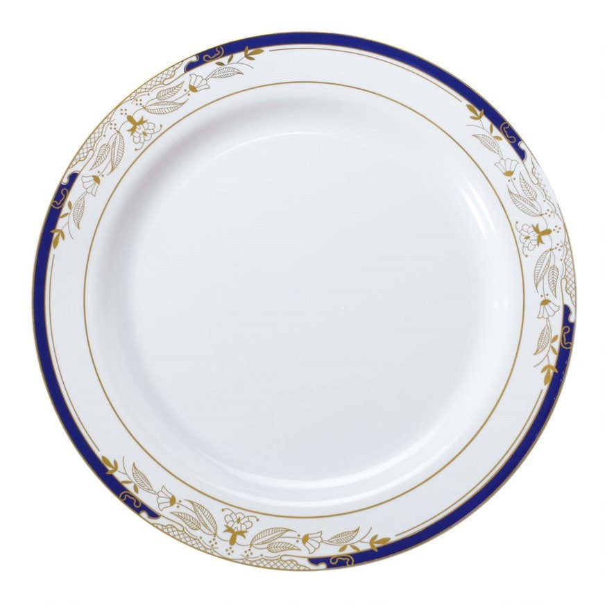 10 Pack 10.25" China-Look Round Hard Plastic Dinner Plates - White/Gold/Cobalt Blue - Decodine