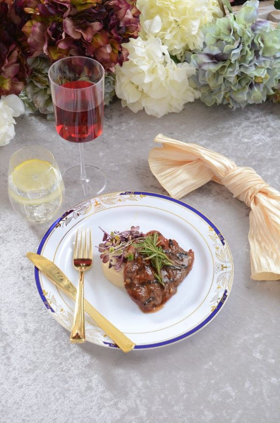 10 Pack 10.25" China-Look Round Hard Plastic Dinner Plates - White/Gold/Cobalt Blue - Decodine