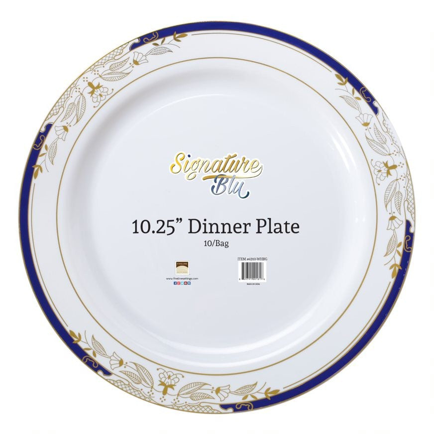 10 Pack 10.25" China-Look Round Hard Plastic Dinner Plates - White/Gold/Cobalt Blue - Decodine