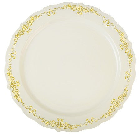 10 Pack 10.25" Round Hard Plastic Plates Bone / Ivory Plastic Plate with Gold Embossed Trim - Decodine