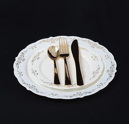 10 Pack 10.25" Round Hard Plastic Plates Bone / Ivory Plastic Plate with Gold Embossed Trim - Decodine