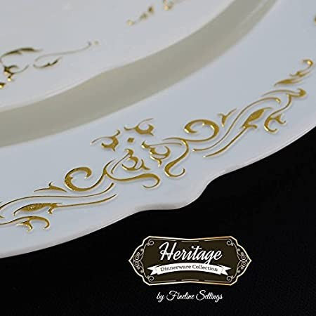 10 Pack 10.25" Round Hard Plastic Plates Bone / Ivory Plastic Plate with Gold Embossed Trim - Decodine